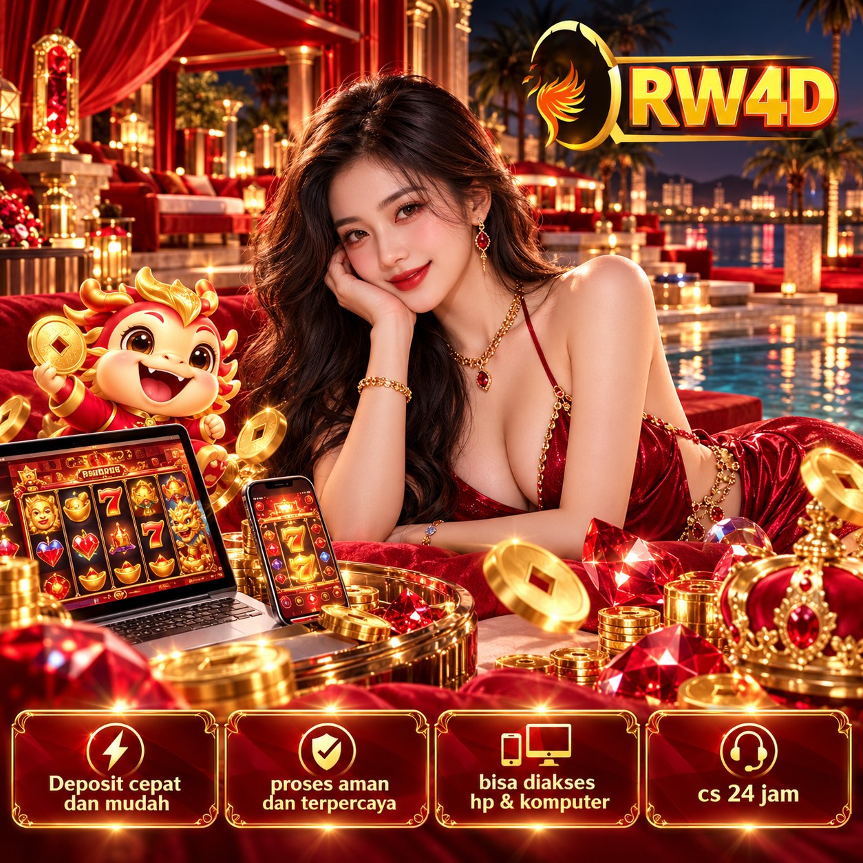 Banner RW4D resort bernuansa merah emas